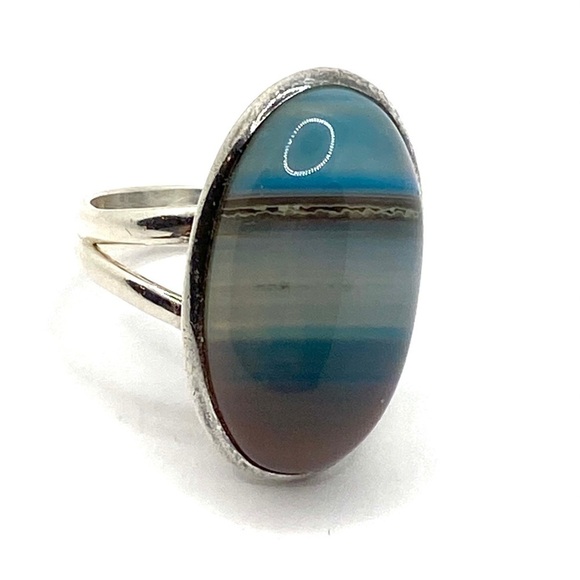 Vintage Blue Striped Agate 925 Sterling Ring - Picture 4 of 7
